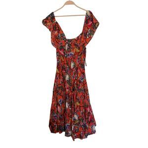 Chelsea&Theodore Peasant Maxi Dress Voile Red Multi‎ Adjustable Neckline 1X Boho